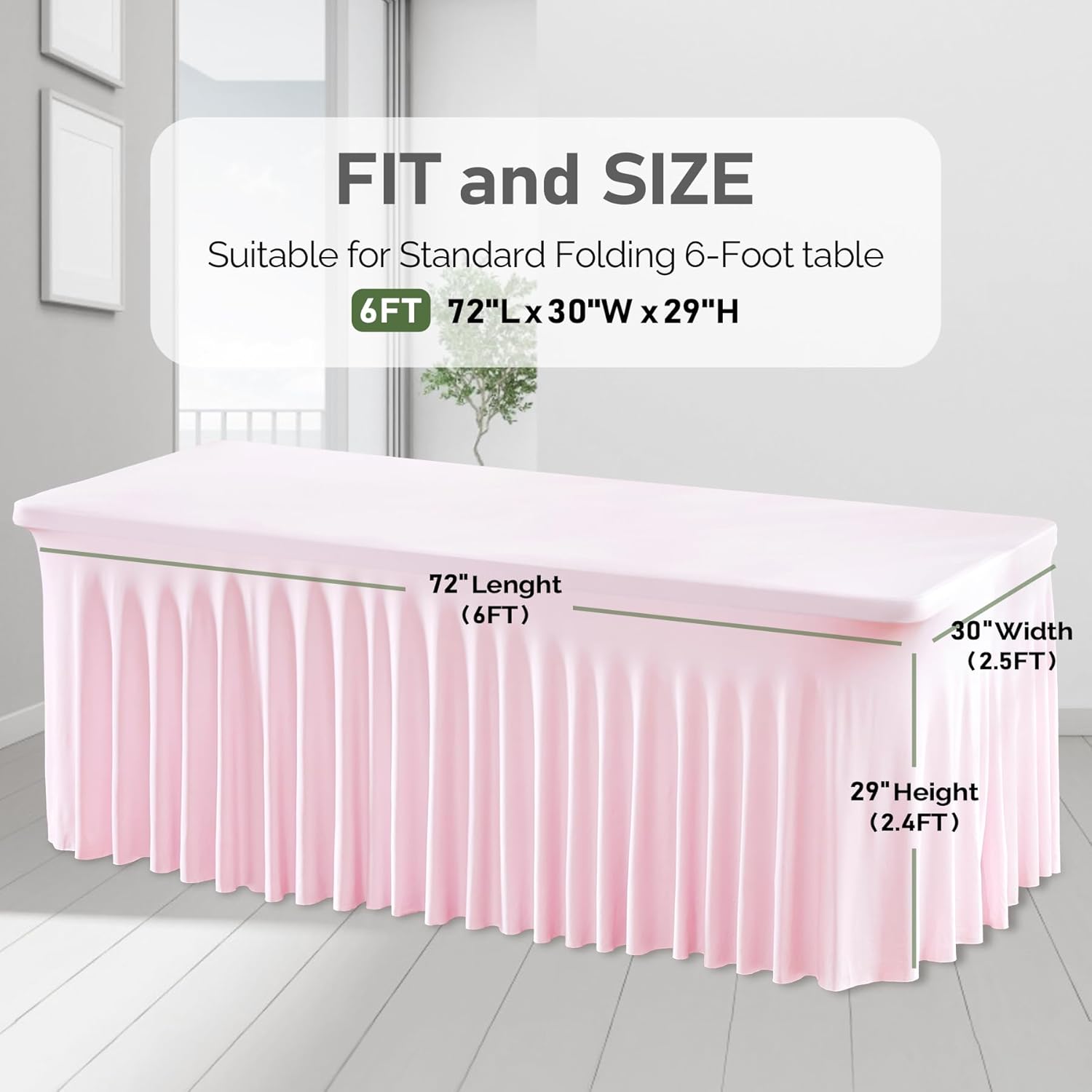2 Packs Size 6 foot Pink Table Clothes for 6 Foot Rectangle Tables, One-Piece Wrinkle Resistant Stretch Spandex Table Covers with Skirt for Event Banquet Wedding Birthday Party